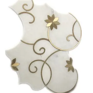 Dth stone Mosaic Interior Design Flower Pattern Chinese White Marble Waterjet Mosaic Tiles With Brass Inlay