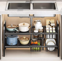 Organisateur d'évier télescopique en métal robuste et peu encombrant, étagère de rangement de placard à largeur réglable, panier de cuisine à 2 niveaux pour ustensiles