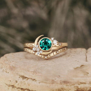 Gold Plated Star <b>Moon</b> <b>Ring</b> Green Diamond Prong Setting Women's Fashion Jewelry Gift - Product Image 2