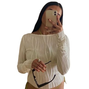 女式时尚休闲褶裥长袖t恤女式白色紧身打底衫 - Product Image 2