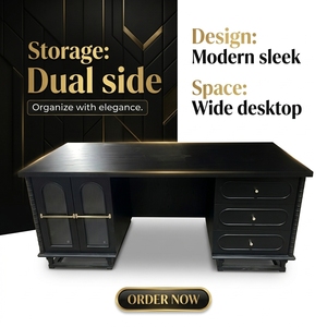 Escritorio <span class=keywords><strong>Ejecutivo</strong></span> de Madera Negra de Lujo, Escritorio de Oficina Moderno de Mediados de Siglo con Puertas de Vidrio Acanalado - Product Image 5