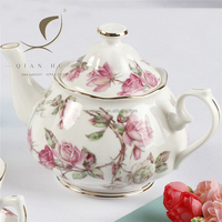 2025 Qian Hu rétro Style européen britannique décalcomanie florale véritable jante en or 570ml céramique os porcelaine théière pour le thé de l'après-midi nouveau