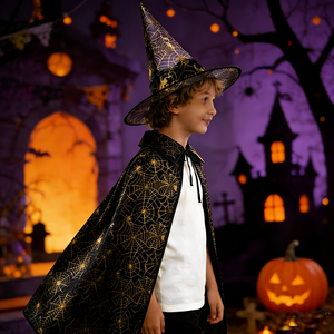 Kostum Jubah Anak-anak Halloween Jubah Cetak Emas Topi Penyihir Anak Laki-laki Perempuan Set Topi Selendang Pertunjukan Anak-anak Cosplay Kostum Jaring Laba-laba - Product Image 1