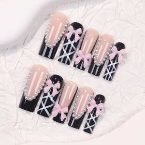 24 <span class=keywords><strong>Uñas</strong></span> Postizas Largas Cuadradas <span class=keywords><strong>con</strong></span> Líneas, Diseño 3D <span class=keywords><strong>de</strong></span> Lazo y Flor, Accesorios Brillantes <span class=keywords><strong>con</strong></span> Diamantes, <span class=keywords><strong>Uñas</strong></span> Postizas Estilo Francés Negro - Product Image 4