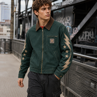 Veste décontractée pour homme avec logo personnalisé, en sergé de coton délavé, col en velours côtelé, fermeture éclair intégrale, poche poitrine avec appliqué, style workwear