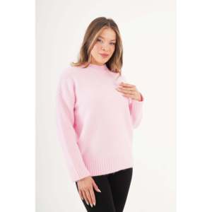 Lustrin Women's Basic Ribbed Detail Pink Knit <b>Pullover</b> <b>Sweater</b> - Wholesale Standard Fit Acrylic Blend Jumper Top - Product Image 2