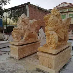 Large Size White Marble Lion With Wings Statue