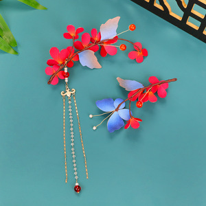 Diseño original, hecho a mano, accesorios para el cabello de estilo antiguo, terciopelo rojo y azul, flores, mariposas, borlas, horquillas suaves. - Product Image 3