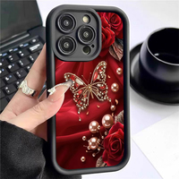 Coque de téléphone portable antichoc en TPU avec motif papillon, perle et fleur, style lentille d'appareil photo, pour iPhone 11 12 13 14 15 16 17 18 Pro Max