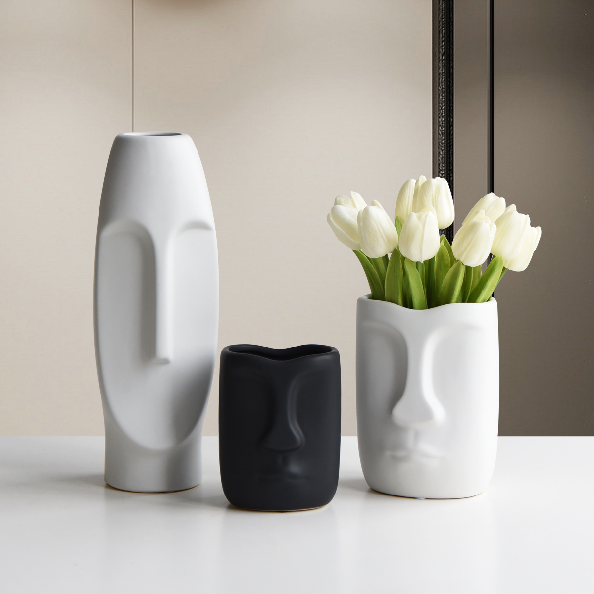 Kingbar Blanc Vase Céramique, Motif à Rayures Vases De Fleurs, Vase Minimaliste Nordique pour Décoration De La Maison, du Salon, Hauteur 25cm, M