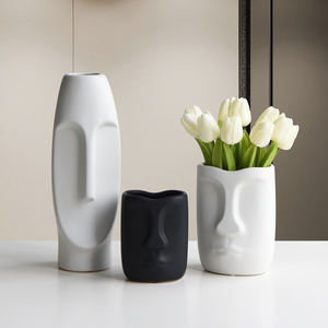 Stile nordico moderno nero bianco testa forma di viso umano tavolo soggiorno vaso di fiori in porcellana ceramica per la decorazione domestica - Product Image 1