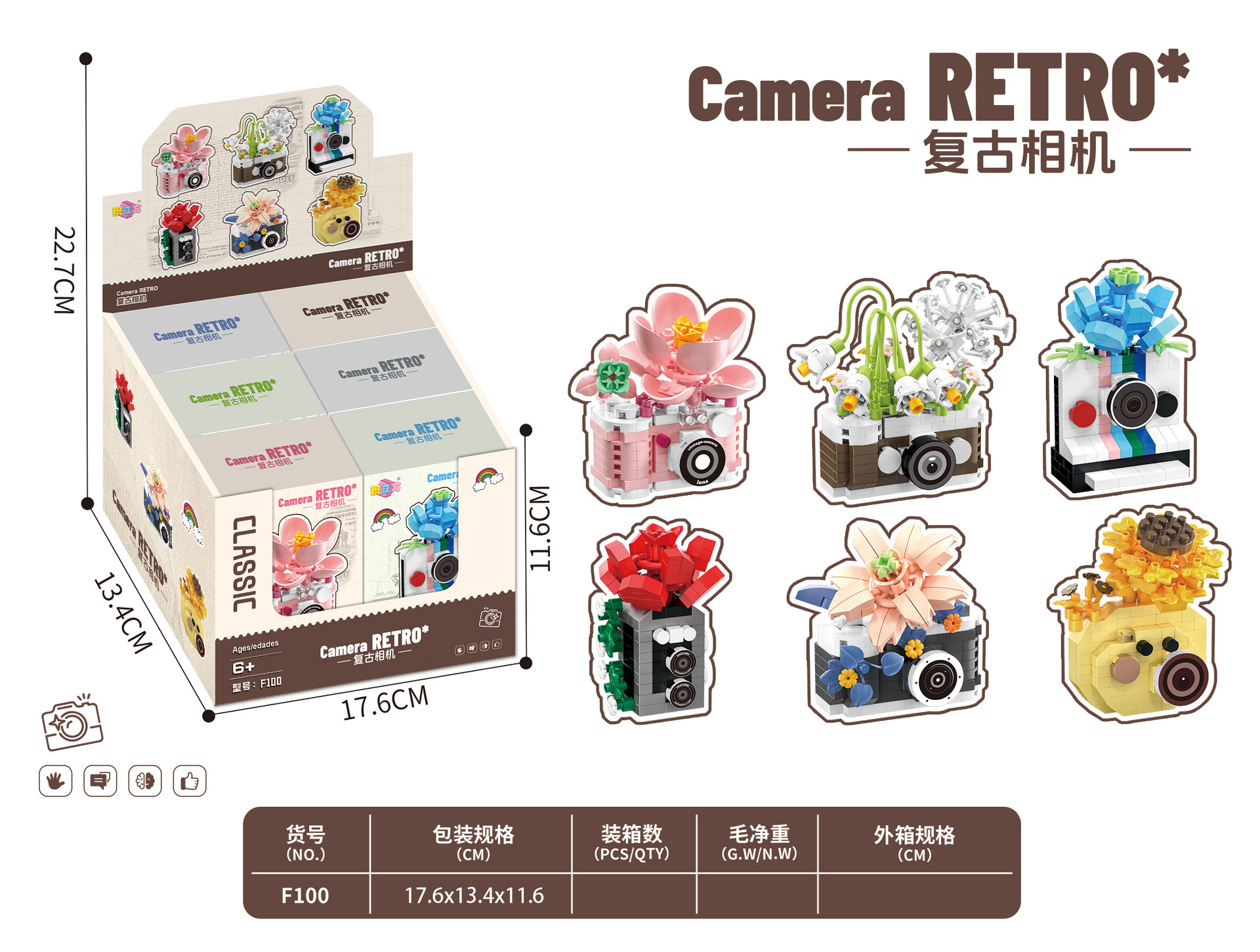 6 tipos de flores de cámara + caja de regalo con exhibición