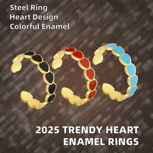 Nouvelle Tendance 2025 : Bagues Cœur en Gros pour Femmes, Plaqué Or 18 carats, Acier Inoxydable, Émail Bleu, Noir, Rouge, Ouvertes et Ajustables - Product Image 4