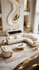Sofá Seccional de esquina Sofá <span class=keywords><strong>en</strong></span> forma de 7 Sofá <span class=keywords><strong>en</strong></span> forma de <span class=keywords><strong>L</strong></span> blanco y dorado conjunto de sofás blanco con dorado - Product Image 3