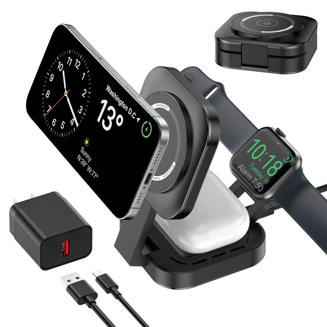 New Square Foldable 3 in 1 Wireless Charger Magnetic Charging Dock Fast Travel Charger Stand for Mobile Phones Watch Earphone