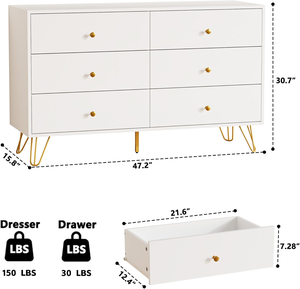 <span class=keywords><strong>Commode</strong></span> à 6 tiroirs avec poignées dorées, grand rangement, armoire moderne européenne, organiseur de tiroirs, rangement blanc, chambre à coucher, salon - Product Image 2