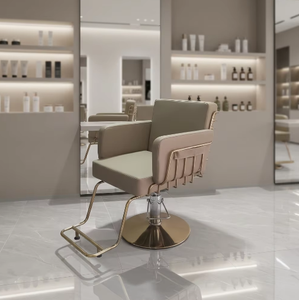 Chaise de coiffure hydraulique en PU beige avec structure en métal doré pour salon de beauté - Product Image 3
