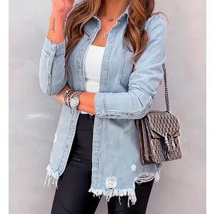 Nuova camicetta Casual autunno <span class=keywords><strong>donna</strong></span> top Denim camicetta con bottone <span class=keywords><strong>Jeans</strong></span> strappati camicie femminili - Product Image 1