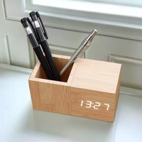 Réveil créatif en bois et PVC avec porte-stylo, contrôle acoustique, détection de l'heure mondiale, indication 24 heures, thermomètre et mouvement silencieux