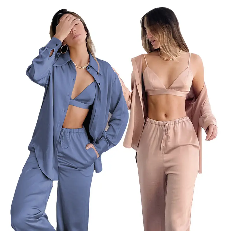 Lüks avrupa ve amerikan iç çamaşırı gömlek ceket pantolon 3 adet saten pijama takımları kadin seksi gevşek Loungewear uyku seti