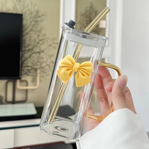 Copo de Água de Vidro Quadrado com Alça, Fundo Plano e Canudo, de Alta Qualidade, para Água Fervente, Presentes Corporativos - Product Image 1