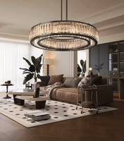 Lámpara de Techo de Estilo Clásico Americano, Diseño de Doble Anillo Negro, Cristal K9 y Cobre, para Sala de Estar o Villa