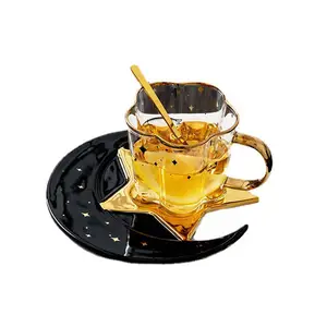 2024新款创意玻璃咖啡杯带月亮陶瓷茶碟陶瓷茶杯套装土耳其咖啡杯