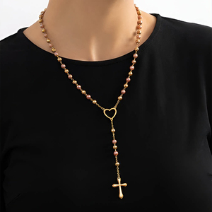 Collier chapelet en acier inoxydable plaqué or avec perles, pendentif Vierge Marie et croix, collier lariat, bijou de mode superposable pour femme - Product Image 2