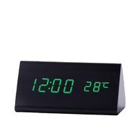 Jam alarm kayu segitiga, arloji kayu Digital LED termometer kayu Kontrol Suara meja despertador reloj bambu