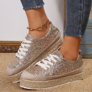Spring and Autumn New Shiny Glitter Platform Sneaker <strong>Plus</strong> <strong>Size</strong> Women Chunky Heel Ace-up Sneakers for Women - Product Image 1