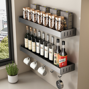 Organizador de condimentos de cocina, estante metálico para montar en la pared, sin taladro ni perforaciones, con ganchos para almacenamiento - Product Image 4