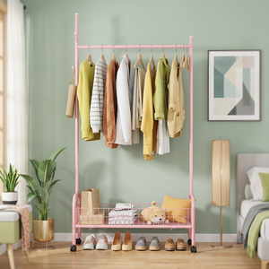 Pink <b>Metal</b> Clothing <b>Rack</b> with Wheels Double Tier Storage <b>Shelf</b> for Living Room Modern Multifunctional Stand Type - Product Image 6