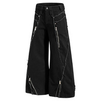 Jeans en denim pour hommes coupe trapèze à jambe large, style streetwear, taille mi-haute, coupe ample, déstructuré, avec détails zippés et ourlets bruts, vente en gros