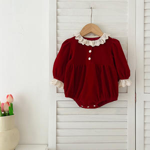 Baju monyet bayi perempuan lengan panjang, gaun merah kerah renda, baju monyet bayi perempuan musim gugur - Product Image 2