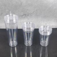 Entrepôt USA 12oz/16oz/24oz gobelet boule à neige en plastique transparent en acrylique à double paroi avec trou pré-percé et bouchon de paille