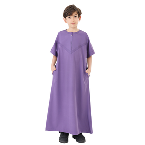 Túnica con cremallera de manga corta y cuello redondo para niños árabes musulmanes de Oriente Medio, caftán Thobe Thawb de Color sólido para niños - Product Image 1