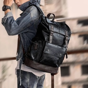 Men's PU Leather <b>Backpack</b> <b>Large</b> Capacity 15.6 Inch Laptop Bag For Travel And School Black Solid Color - Product Image 3