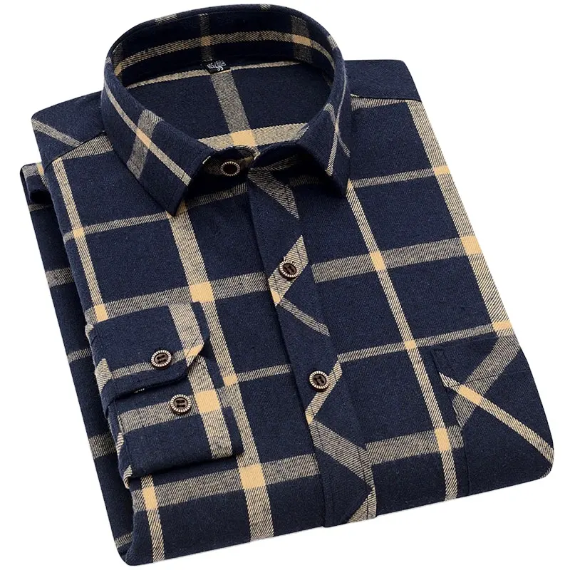 Camisa de manga comprida xadrez listrada para homens, camisa casual elegante primavera e outono, camisa escovada