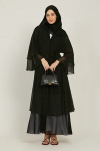 Abaya en mousseline noire scintillante à 2 couches, robe modeste à volants ouverts avec ceinture, vêtements islamiques élégants pour Ramadan et Eid - Product Image 4