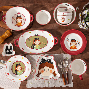 Ensemble créatif de vaisselle en céramique moderne pour couple, motif dessin animé Instagram rétro fille mignonne, compatible micro-ondes, vente en gros - Product Image 1