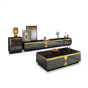 Modern luxury glass tv stand and coffee table Living room furniture sets metal center coffee tables with drawer