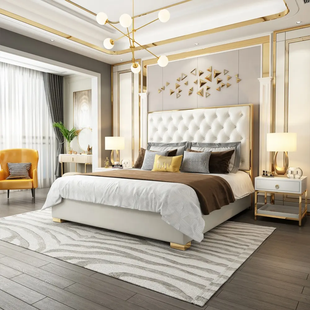 अमेरिकी चमड़े लक्जरी बिस्तर आधुनिक राजा आकार बिस्तर फ्रेम बिस्तर कमरे में फर्नीचर