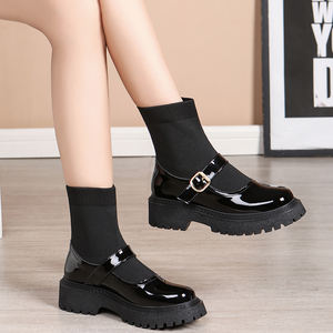 Bottes courtes épaisses en cuir élastique à lacets pour femmes, collection Printemps-Automne-Hiver 2026, résistantes à l'usure et antidérapantes, nouveauté - Product Image 1