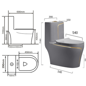 Modern Hot Sale Hotel Bathroom Freestanding Ceramic Grey <strong>Toilet</strong> with Gold Trim One Piece <strong>Toilet</strong> - Product Image 2