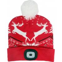 Bonnet de Noël LED en tricot avec pompon, motif renne, rouge et blanc, chaud pour l'hiver, rechargeable par USB, trois modes de luminosité, pour la marche en extérieur