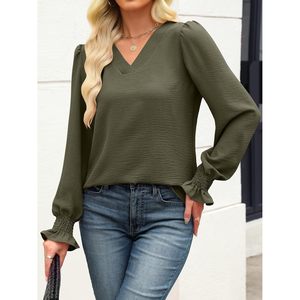 Women's V Neck Puff <b>Sleeve</b> Blouse Chiffon Elastic Office Work <b>Top</b> Business Casual <b>Long</b> <b>Sleeve</b> Dressy Shirt - Product Image 2