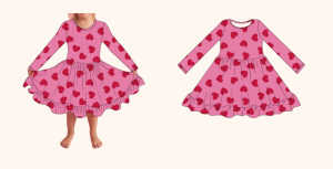 女孩情人节连衣裙学步儿童心长袖连衣裙褶边休闲太阳裙假日旋转服装制造商中国 - Product Image 3