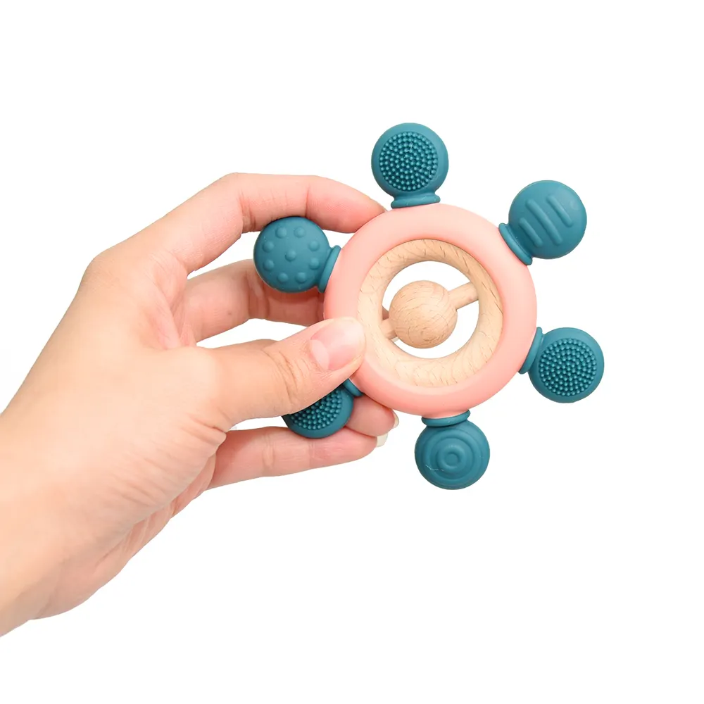 Beuken Houten Bijtrand Ring Organische Siliconen Baby Bijtring Roer Kauw Speelgoed Ring Siliconen Hout Bijtring