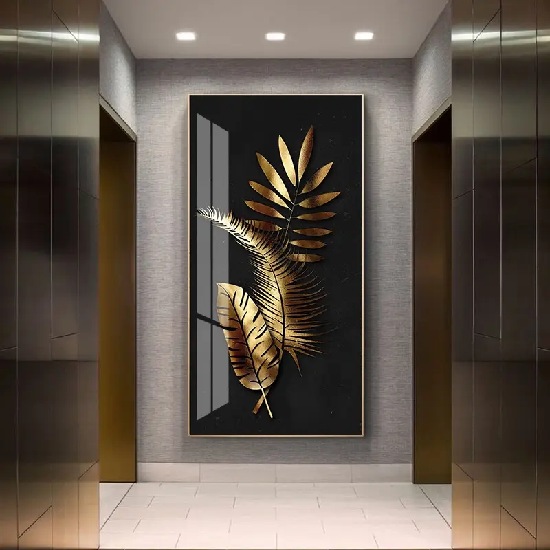 Nordic Golden Abstract Leaf Flower Wall Picture Modern Style Crystal porcelain art painting