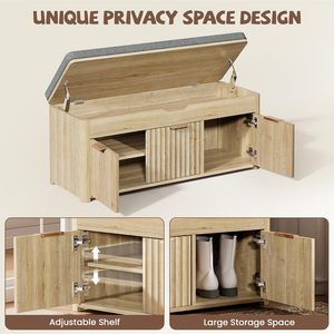 Banco de Madera Natural <span class=keywords><strong>para</strong></span> <span class=keywords><strong>Zapatos</strong></span> con Espacio de Almacenamiento Oculto, Zapatero con <span class=keywords><strong>Estantes</strong></span> Ajustables y Asiento Acolchado, Ideal <span class=keywords><strong>para</strong></span> Dormitorio - Product Image 3